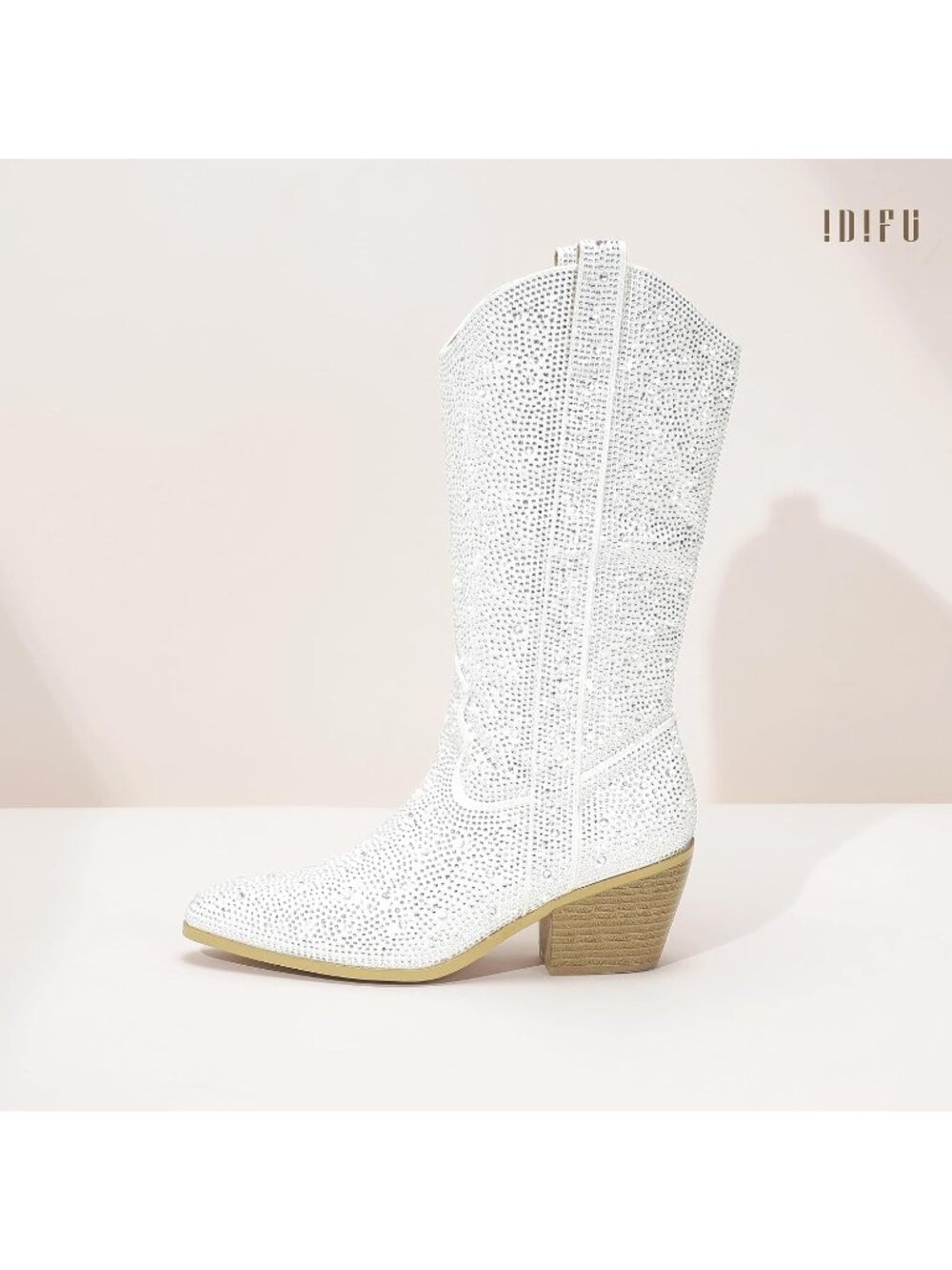 Women's White Rhinestone Mid Calf Sparkly Western Chunky Heel Cowgirl Booties - Picture 6 of 6